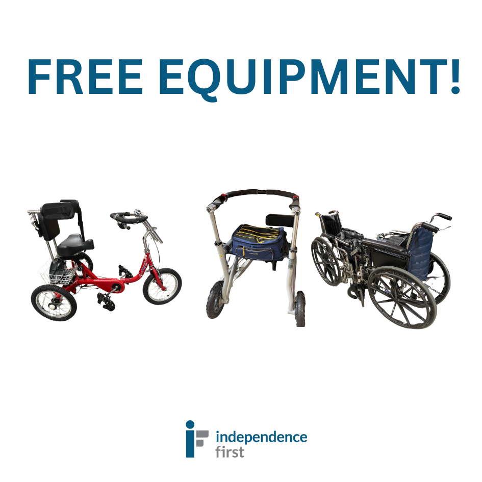 Text reads "free equipment!" with photos of adaptive equipment