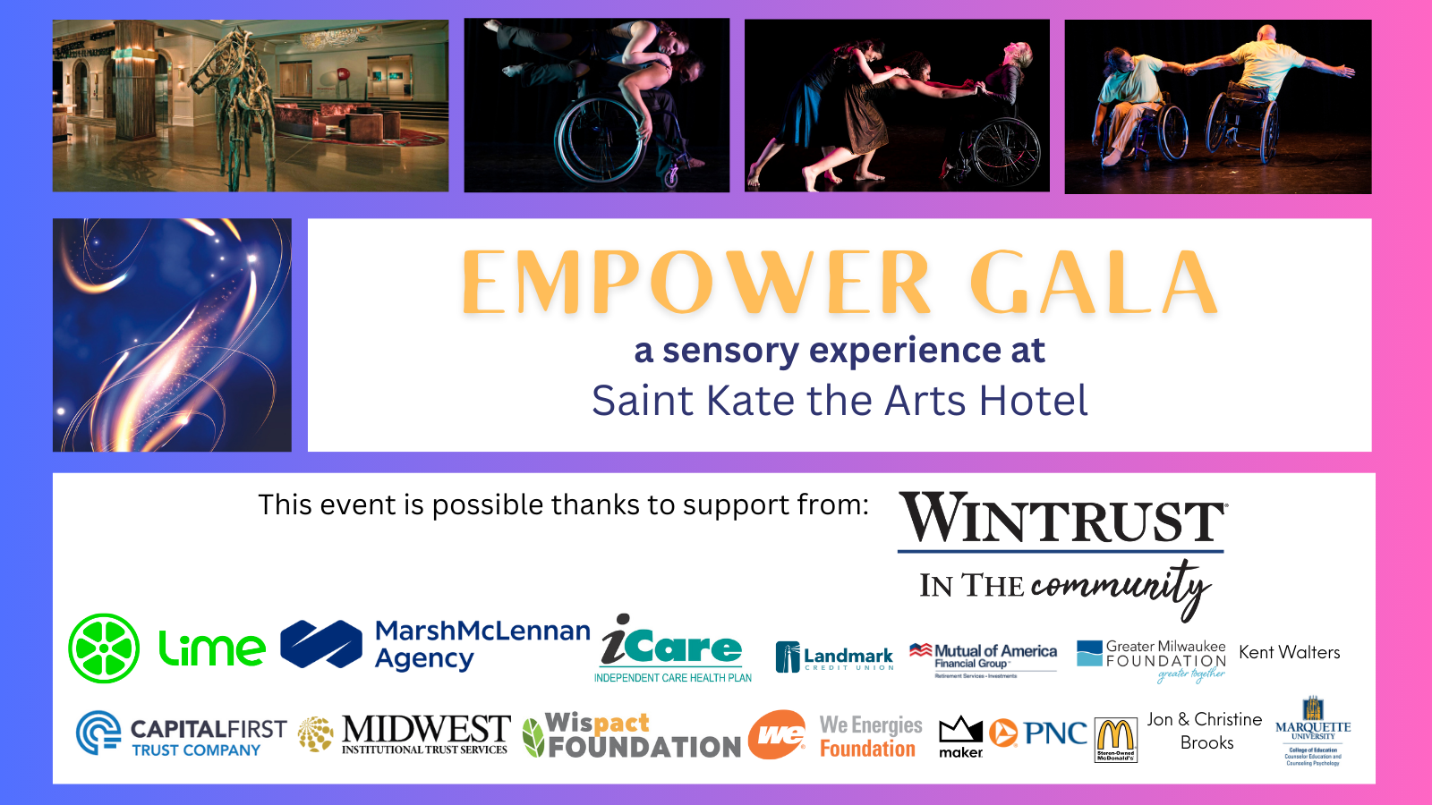 Photos of Saint Kate hotel and Momenta dancers with sponsor logos